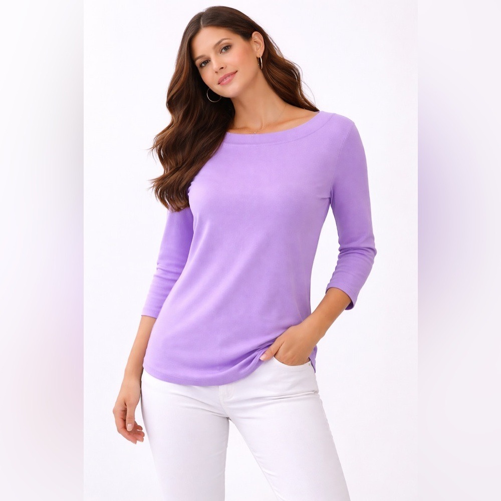 Talbots- Purple 3/4 Sleeve Top with Gold Buttons in the Back Size M - Picture 2 of 10